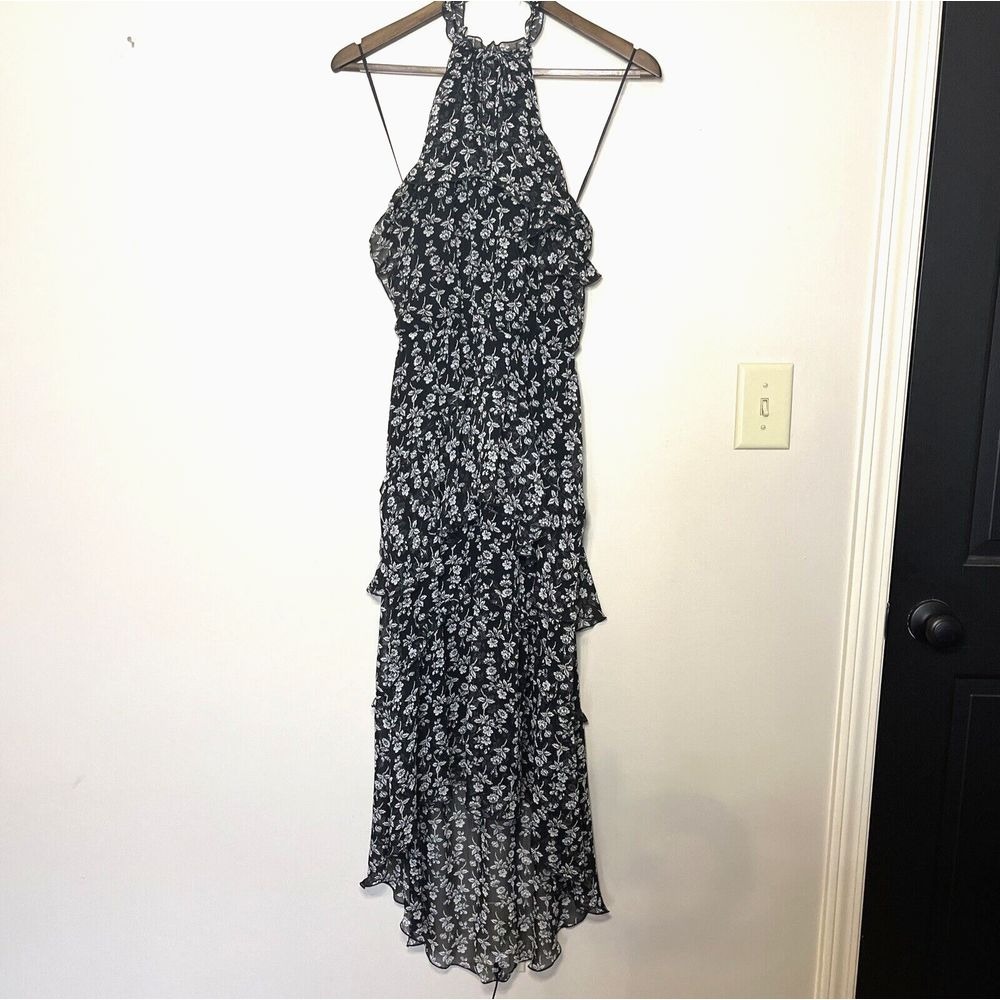 Express‎ Black White Halter Hi-Low Dress Small Tiered Boho Wedding Guest